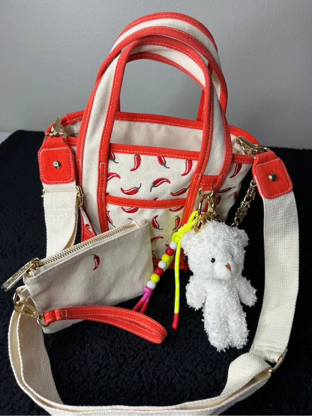 Madden Girl Chili Pepper Embroidered Canvas Crossbody Bag w/ Charms & Pouch